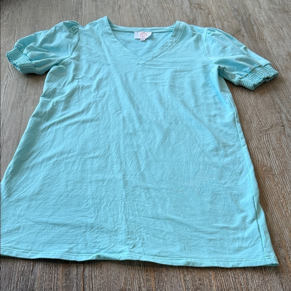VD Lounge thick stretch Blue V-Neck Short Sleeve Dress Cotton Spandex XL EUC